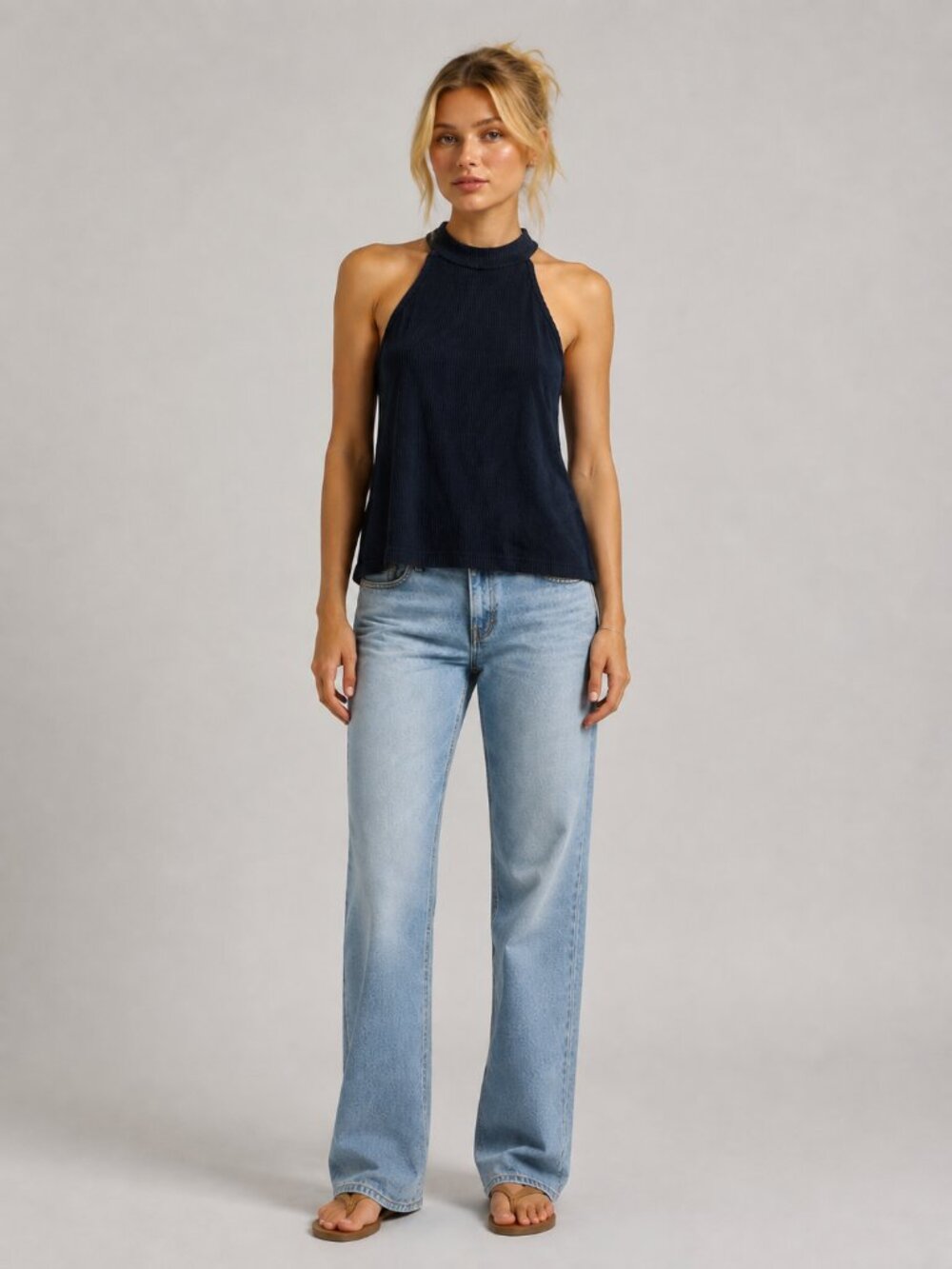 2/$30 American Eagle Soft and Sexy Ribbed Halter Neck Lattice Shell Navy #A4070